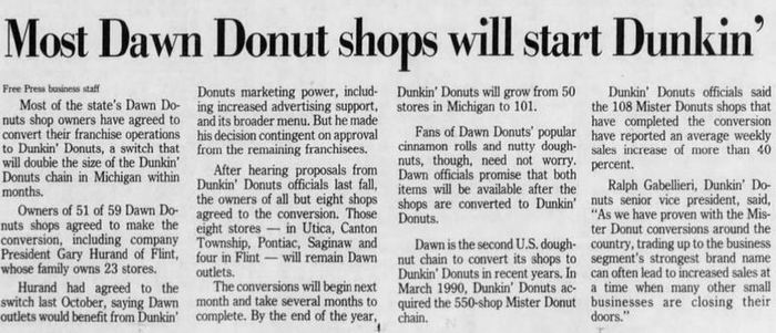 Dawn Donuts - Jan 1992 Article On Sale To Dunkin